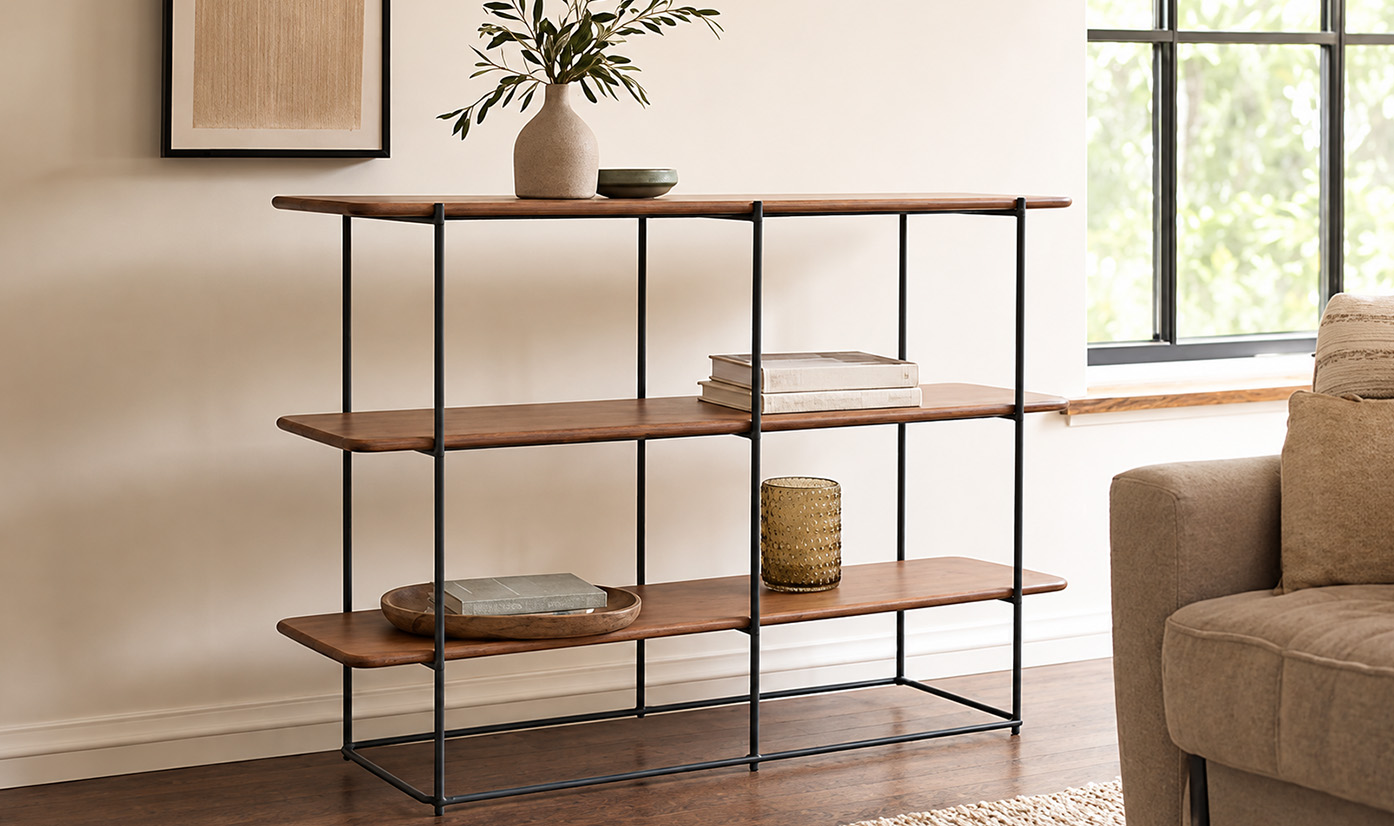 Three-tier console shelf with walnut wood shelves and black metal frame
